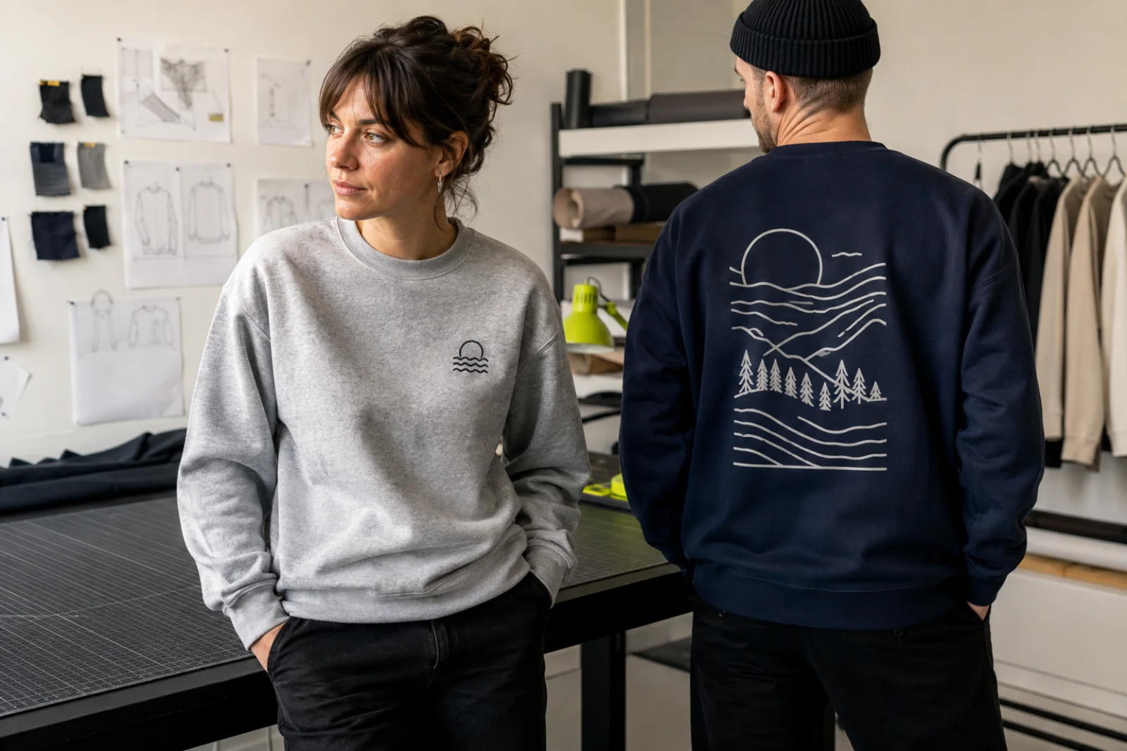 A studio team wearing customised grey and navy sweatshirts